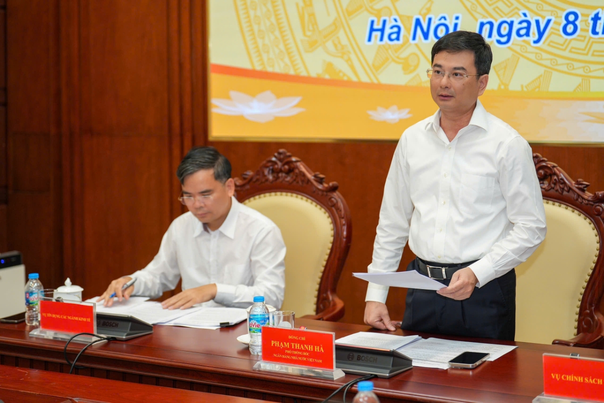 Ph&oacute; Thống đốc Phạm Thanh H&agrave; trao đổi tại họp b&aacute;o