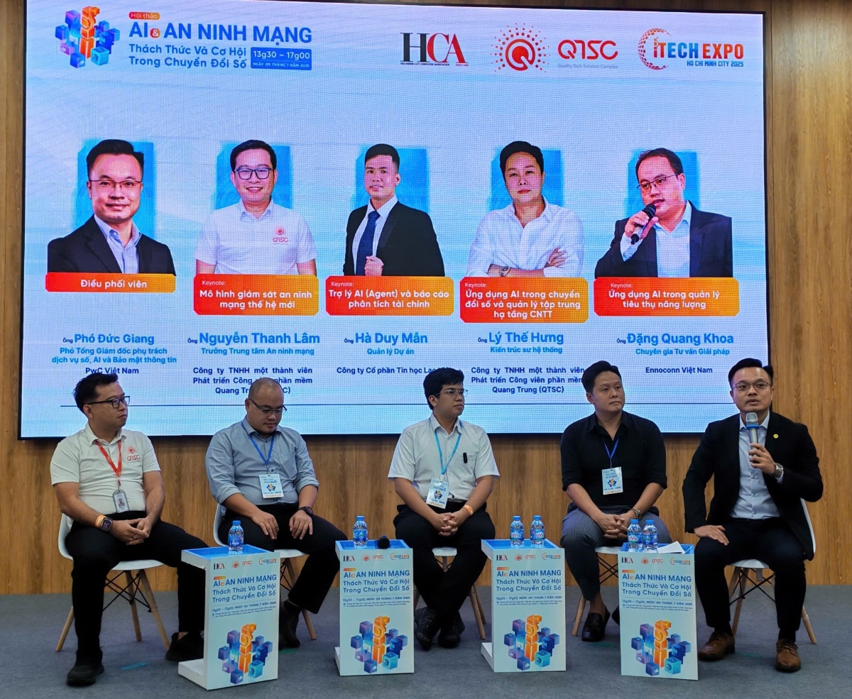 Các chuyên gia an ninh mạng cùng thảo luận tại hội thảo “AI và an ninh mạng - Thách thức và cơ hội trong chuyển đổi số”, chiều 9/7.