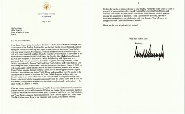 Bức thư c&oacute; chữ k&yacute; của &ocirc;ng Trump gửi Thủ tướng Nhật Bản ng&agrave;y 7/7 - Ảnh: Truth Social