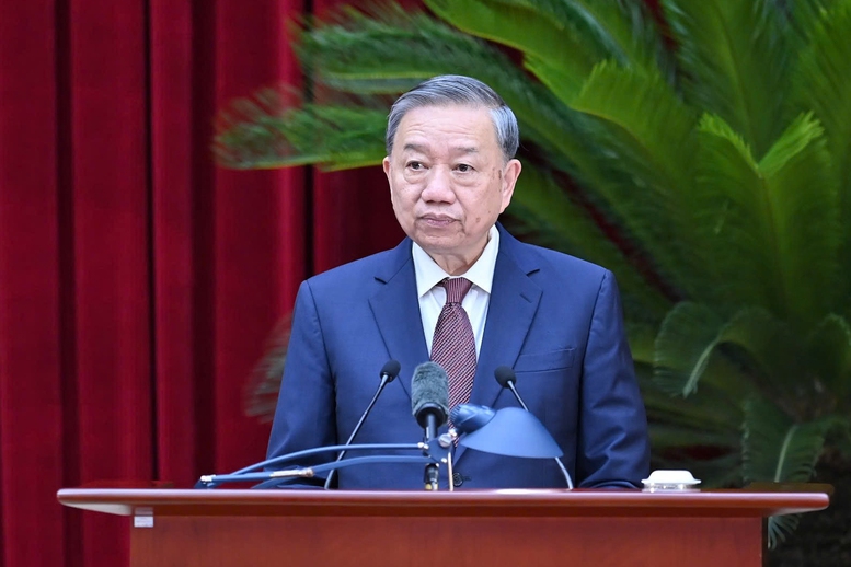 Tổng Bí thư Tô Lâm tại Phiên Bế mạc Hội nghị lần thứ 12 Ban Chấp hành Trung ương Đảng khóa XIII. Ảnh: VGP