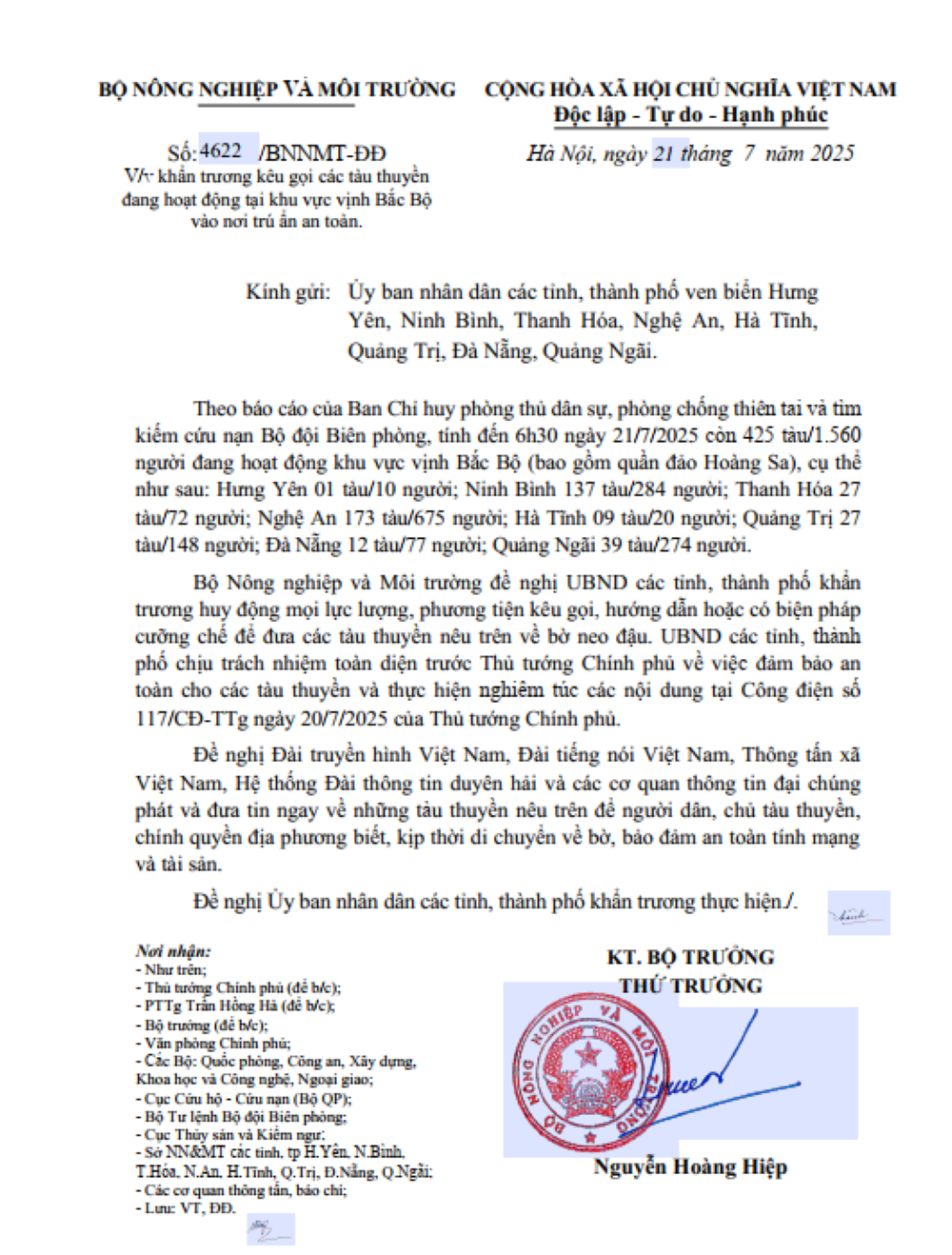 C&ocirc;ng văn của Bộ N&ocirc;ng nghiệp v&agrave; M&ocirc;i trường.