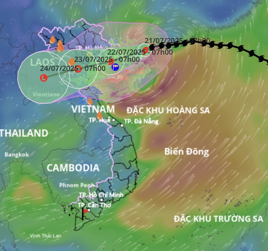 Dự báo đường đi bão số 3 (Bão Wipha) lúc 9h30 ngày 21/7. Ảnh: Hệ thống cảnh báo thiên tai.
