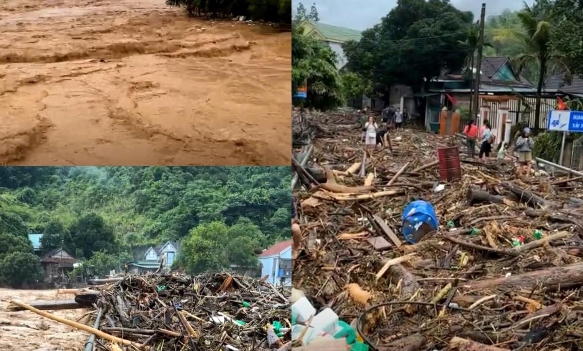 Nước s&ocirc;ng Nậm Mộ vẫn cuồn cuộn chảy xiết, c&acirc;y cối bị dồn ngập một đoạn d&agrave;i tr&ecirc;n Quốc lộ 7 đoạn gần cầu Mường X&eacute;n.&nbsp;