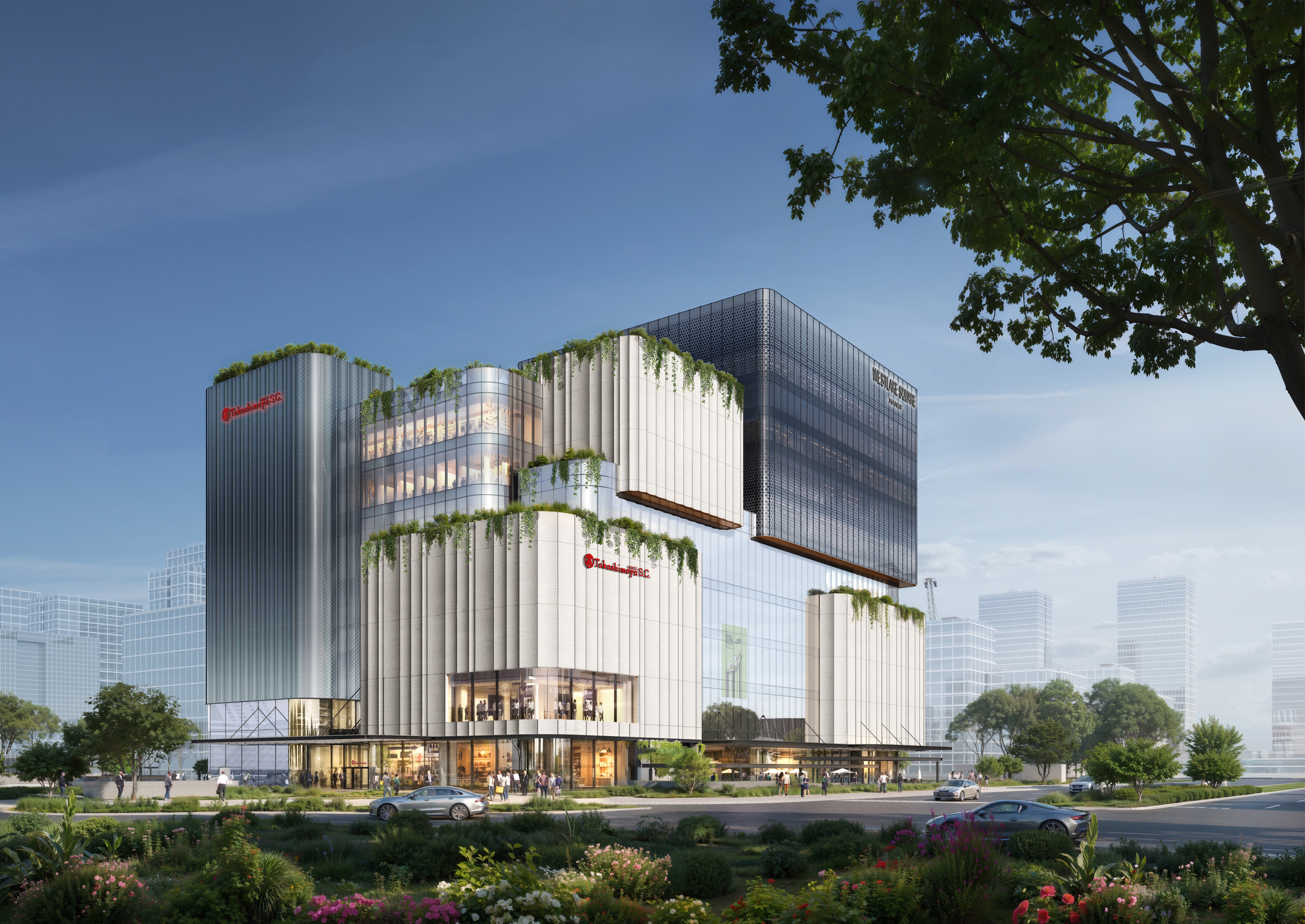 Phối cảnh mặt ngoài tổ hợp Westlake Square Hanoi - sự kết hợp giữa kiến trúc hiện đại và cảnh quan đô thị. Nguồn: Toshin Development.