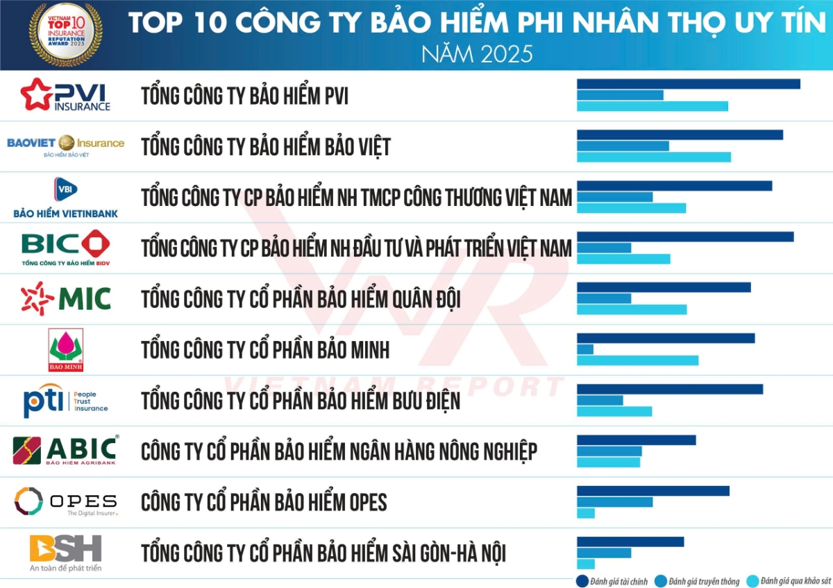 Bảng xếp hạng Top 10 Công ty Bảo hiểm phi nhân thọ uy tín năm 2025.