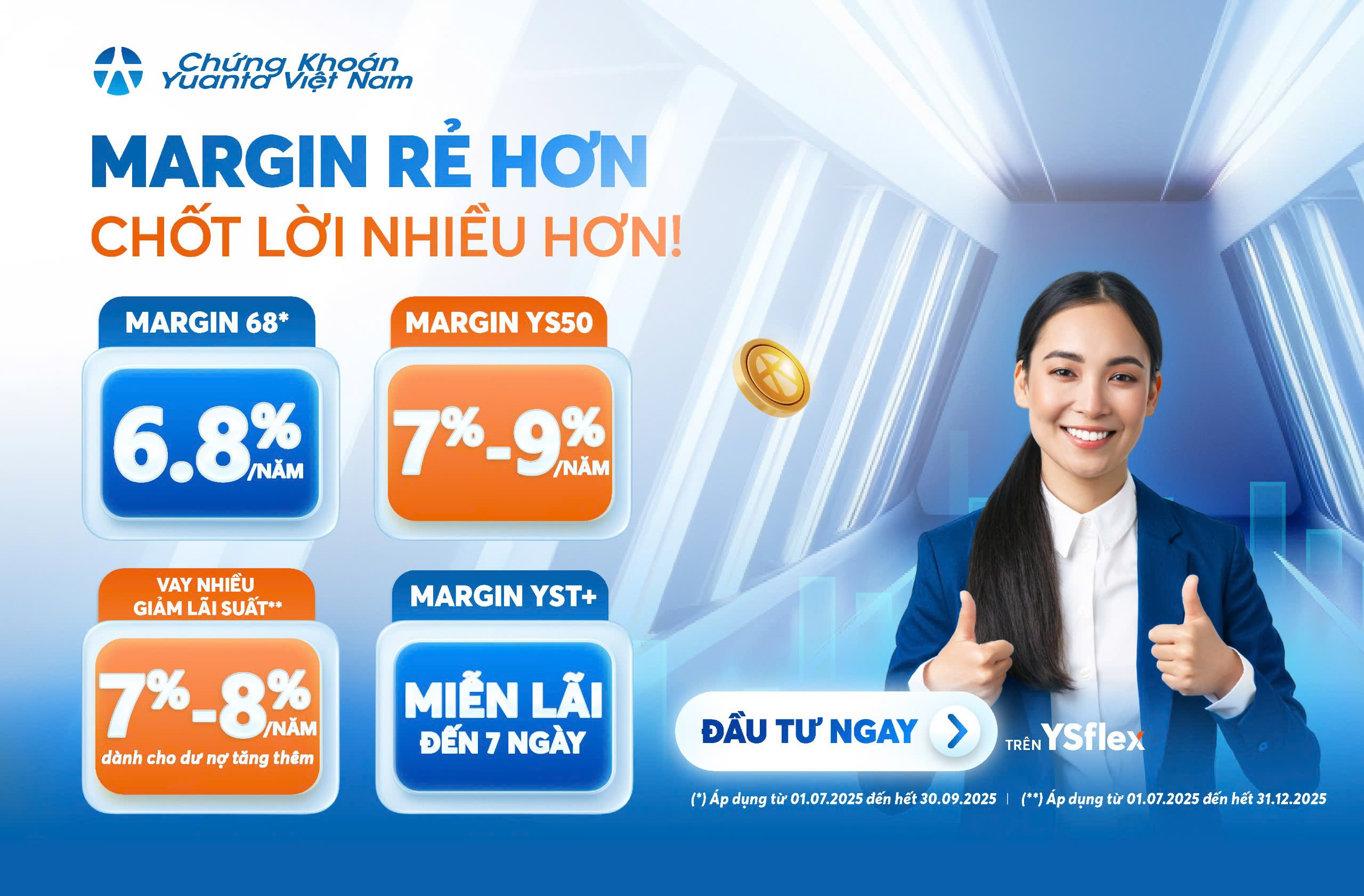Yuanta Việt Nam cung cấp đa dạng các sản phẩm giao dịch ký quỹ (margin) với lãi vay thấp hàng đầu hiện nay.