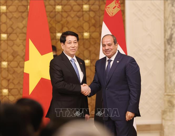Chủ tịch nước Lương Cường và Tổng thống Ai Cập Abdel Fattah El-Sisi tại cuộc gặp gỡ báo chí, thông tin về kết quả hội đàm - Ảnh: TTXVN