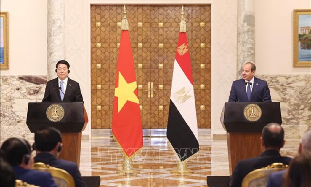 Chủ tịch nước Lương Cường và Tổng thống Ai Cập Abdel Fattah El-Sisi thông tin về kết quả hội đàm - Ảnh: TTXVN