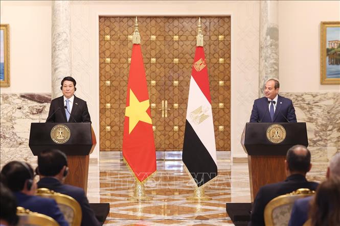 Chủ tịch nước Lương Cường và Tổng thống Ai Cập Abdel Fattah El-Sisi thông tin về kết quả hội đàm - Ảnh: TTXVN