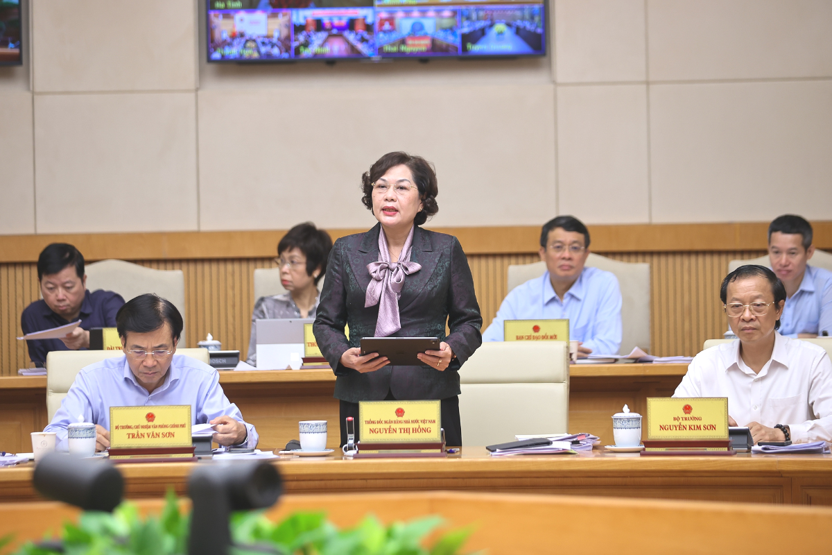 Thống đốc Nguyễn Thị Hồng ph&aacute;t biểu tại Phi&ecirc;n họp Ch&iacute;nh phủ th&aacute;ng 7/2025.