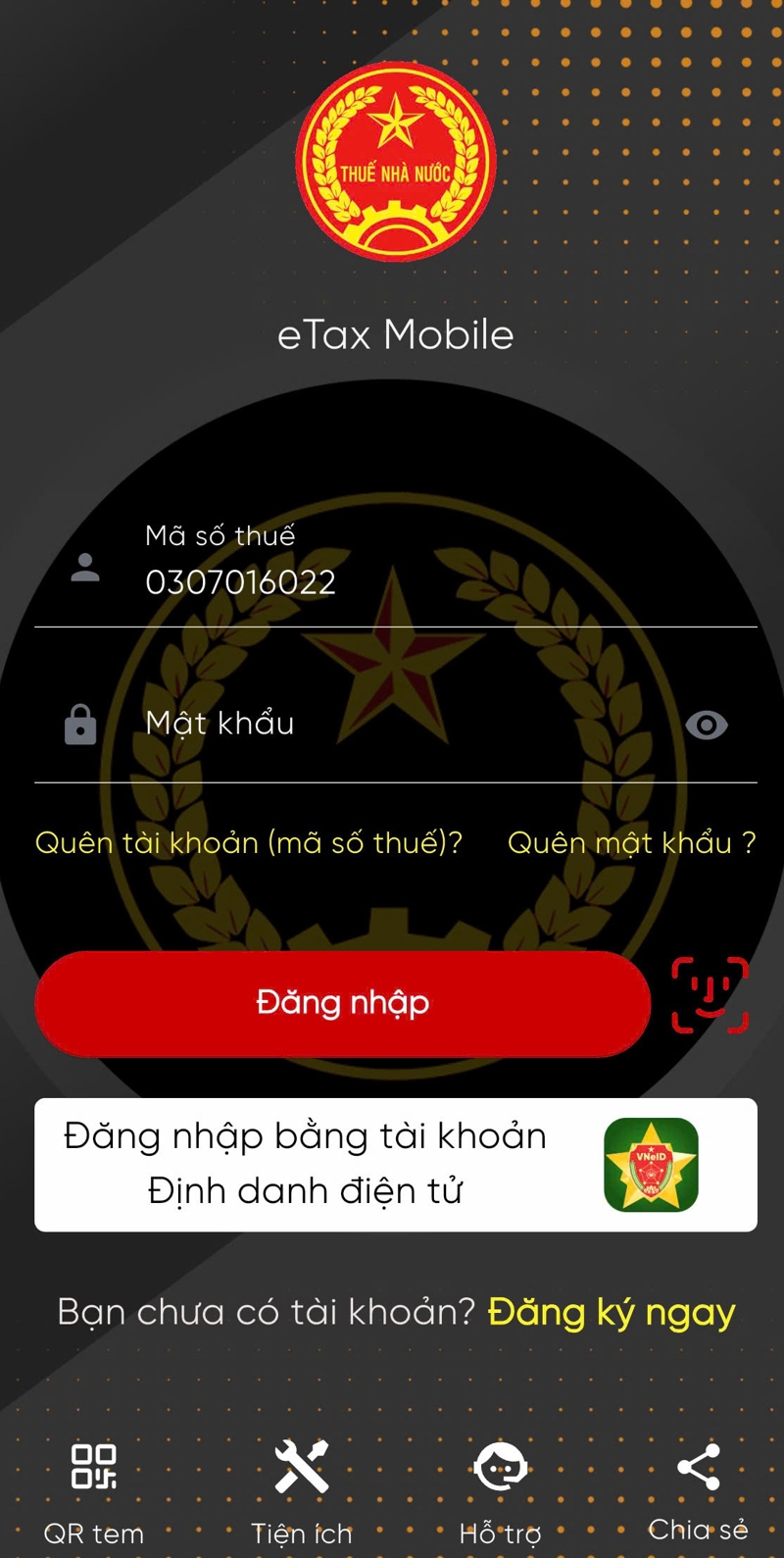 Sử dụng số định danh cá nhân thay cho mã số thuế - Ảnh minh họa ứng dụng eTax Mobile.