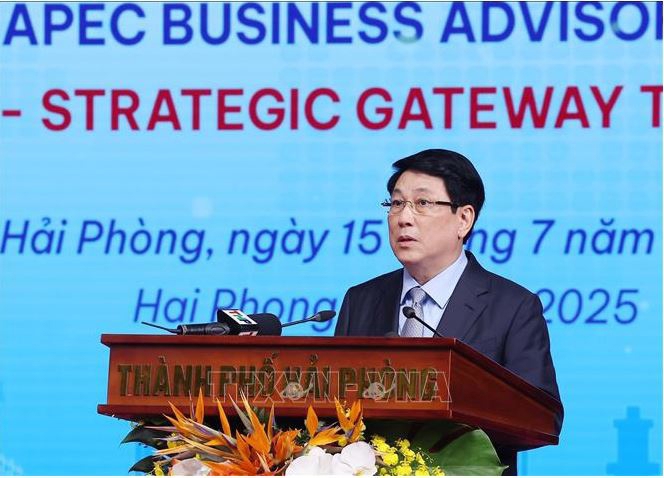 State President Luong Cuong addresses the investment promotion conference in Hai Phong on July 15.