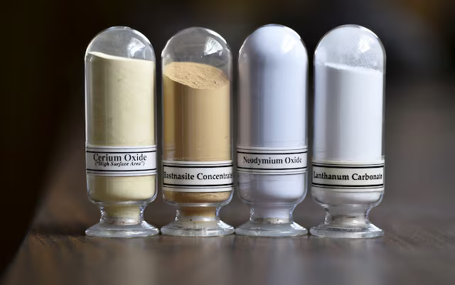 Các mẫu khoáng chất đất hiếm từ trái sang, Cerium oxide, Bastnasite, Neodymium oxide và Lanthanum carbonate được trưng bày tại một cơ sở của công ty Molycorp tại Mountain Pass, California, Mỹ - Ảnh: Reuters
