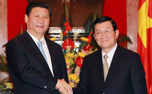 Chủ tịch nước Trương Tấn Sang tiếp ông Tập Cận Bình trong chuyến thăm chính thức Việt Nam tháng 12/2011.