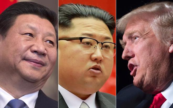 Từ trái sang: Chủ tịch Trung Quốc Tập Cận Bình, Chủ tịch Triều Tiên Kim Jong Un, và Tổng thống Mỹ Donald Trump.<br>