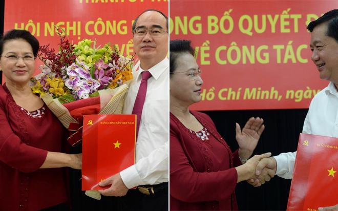 Chủ tịch Quốc hội  Nguyễn Thị Kim Ngân chúc mừng ông Nguyễn Thiện Nhân (ảnh trái) và ông Đinh La Thăng giữ cương vị mới - Ảnh: Tuổi Trẻ.<br>