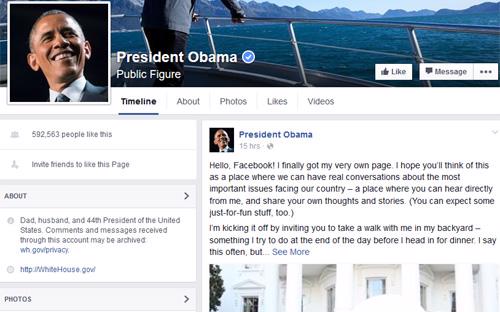 Giao diện trang Facebook cá nhân của Tổng thống Mỹ Barack Obama.<br>