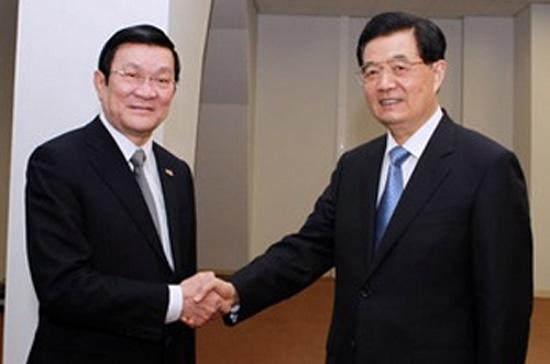  Chủ tịch nước Trương Tấn Sang gặp Tổng bí thư, Chủ tịch Trung Quốc Hồ Cẩm Đào - Ảnh: TTXVN.