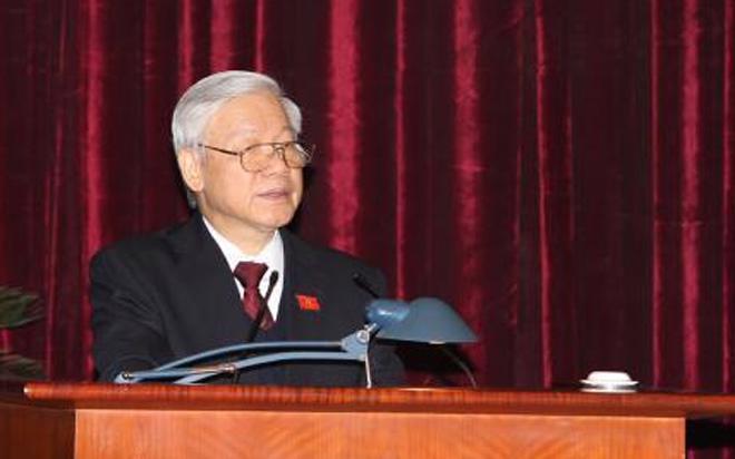 Tổng bí thư Nguyễn Phú Trọng phát biểu tại hội nghị lần thứ nhất Ban Chấp hành Trung ương khoá 12 - Ảnh: TTXVN.