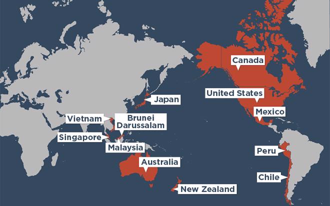 Bản đồ phân bố 12 nước thành viên TPP.<br>