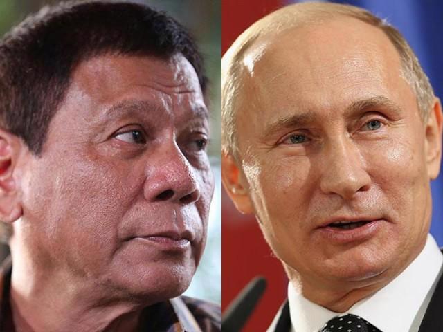 Tổng thống Philippines Rodrigo Duterte (trái) và Tổng thống Nga Vladimir Putin.<br>