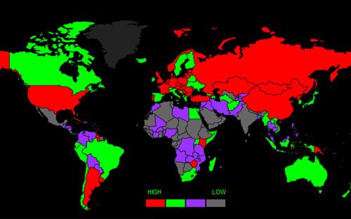 Bản đồ tỷ lệ tử vong vì ung thư trên thế giới. Các nước màu đỏ có số ca tử vong cao nhất, màu xám là thấp nhất.<br>