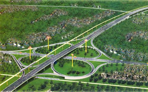 Bản vẽ bối cảnh đường cao tốc Dầu Giây-Phan Thiết. Đây là đường cao tốc loại A có 6 làn xe với vận tốc thiết kế đạt 120 km/giờ.