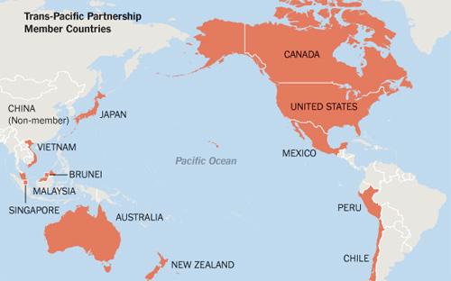 12 nước thành viên TPP tạo thành một "vành đai" bao quanh Thái Bình Dương. TPP được coi như “xương sống kinh tế” trong chiến dịch xoay trục về châu Á của Tổng thống Mỹ Barack Obama.<br>