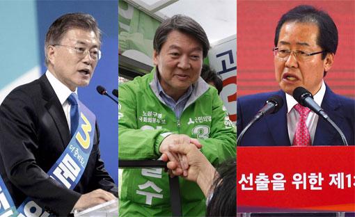 Ba ứng cử viên Tổng thống Hàn Quốc, từ trái qua phải: Moon Jae-in, Ahn Cheol-soo, và Hyong Joon-pyo - Ảnh: Bloomberg.<br>