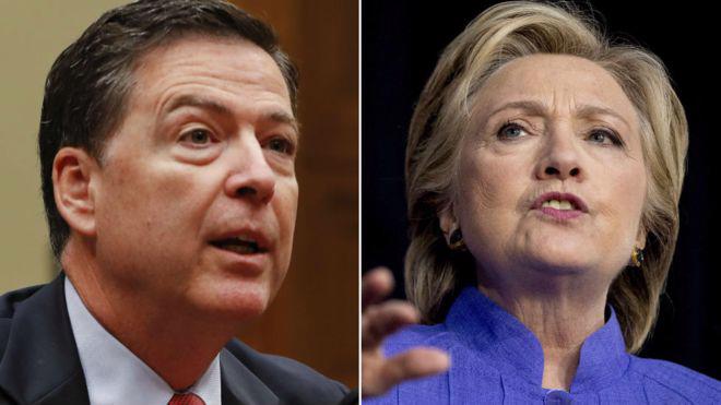 Giám đốc FBI James Comey (trái) và ứng cử viên Tổng thống Mỹ Hillary Clinton - Ảnh: AP/BBC.<br>