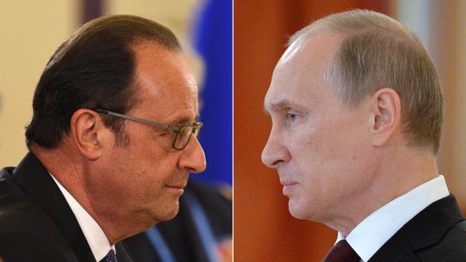 Tổng thống Pháp Francois Hollande (trái) và Tổng thống Nga Vladimir Putin- Ảnh: BBC.<br>