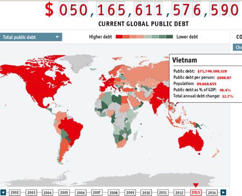 Việt Nam trên bản đồ nợ công của Economist - Ảnh chụp màn hình.<br>