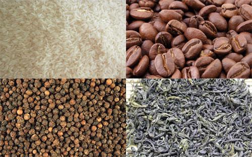 Gạo, cà phê, chè và hạt tiêu là 4 trong số những nông sản xuất khẩu chính của Việt Nam.<br>