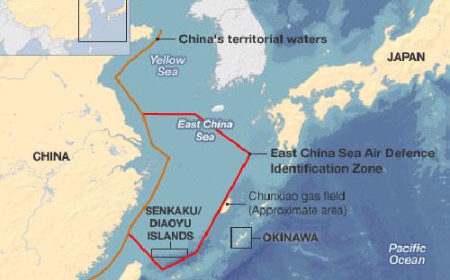Vùng nhận dạng phòng không trên biển Hoa Đông vừa được Trung Quốc thiết lập bao gồm cả quần đảo tranh chấp với Nhật Bản - Ảnh: News.<br>