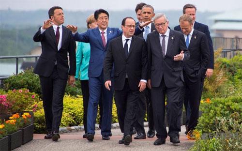 Các nhà lãnh đạo G7 trong ngày họp thượng đỉnh đầu tiên (26/5) tại Ise-Shima, Nhật Bản - Ảnh: Reuters.<br>