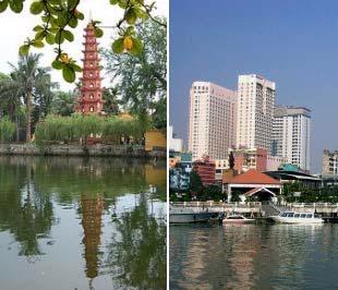 Chùa Trấn Quốc, Hà Nội (ảnh trái) và sông Sài Gòn, nhìn từ Thủ Thiêm sang quận 1, Tp.HCM - Ảnh: TMB.