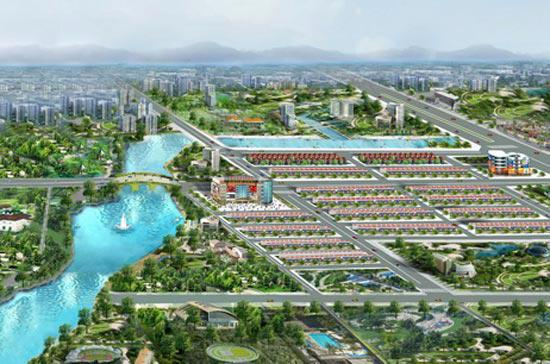 Phối cảnh dự án Green River City. Dự án được quy hoạch thành các khu nhà phố thương mại, khu biệt thự với tổng cộng 1.100 căn.