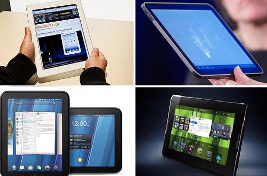Hàng trên (từ trái qua): iPad 2, Motorola Xoom; hàng dưới: HP Touch Pad, Blackberry PlayBook.