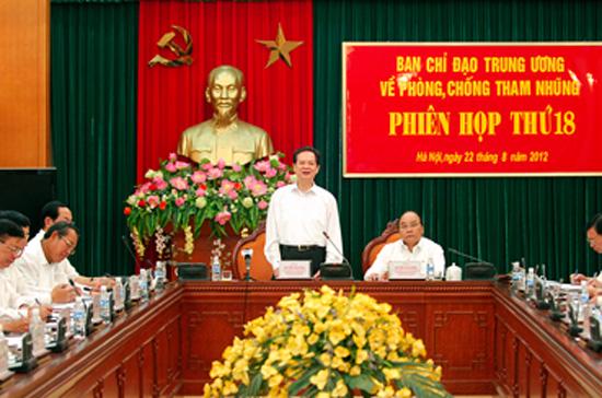 Thủ tướng Nguyễn Tấn Dũng và Phó thủ tướng Nguyễn Xuân Phú đồng chủ trì phiên họp thứ 18 của Ban Chỉ đạo Trung ương về phòng, chống tham nhũng.