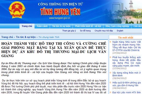 Website chính thức của UBND tỉnh Hưng Yên đăng tải bài viết về việc cưỡng chế giải phóng mặt bằng tại xã Xuân Quan.
