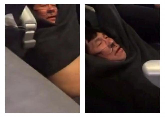 Ảnh cắt từ clip vụ hành khách David Dao bị kéo lê khỏi chuyến bay United Airlines - Ảnh: Reuters.<br>