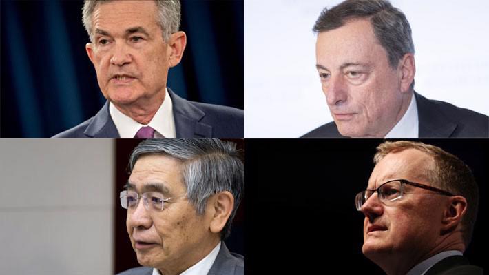 Từ trái qua phải, từ trên xuống dưới: Chủ tịch FED Jerome Powell, Chủ tịch ECB Mario Draghi, Thống đốc BoJ Haruhiko Kuroda, Thống đốc RBA Philip Lowe - Ảnh: Bloomberg.