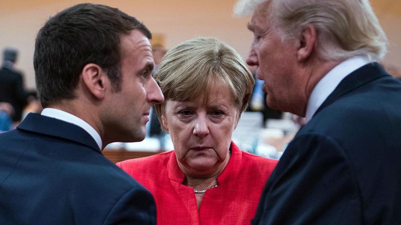 Từ trái qua: Tổng thống Pháp Emmanuel Macron, Thủ tướng Đức Angela Merkel và Tổng thống Mỹ Donald Trump - Ảnh: Getty/Politico.