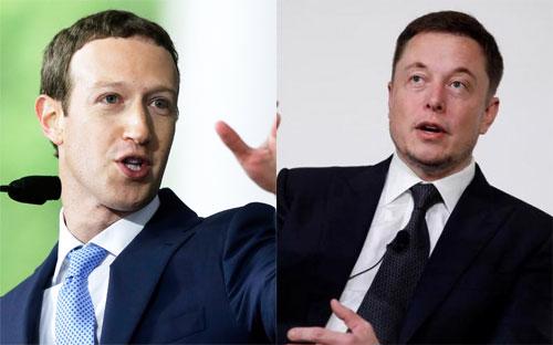 CEO Mark Zuckerberg của Facebook (trái) và CEO Elon Musk của Tesla.<br>