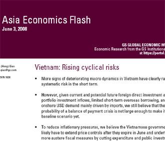 Đề ngày 3/6 và mang tên “Vietnam: Rising cyclical risks” (tạm dịch: “Việt Nam: Rủi ro chu kỳ tăng cao”), báo cáo đưa ra một số nhận định lạc quan về tình hình kinh tế Việt Nam ở thời điểm này.