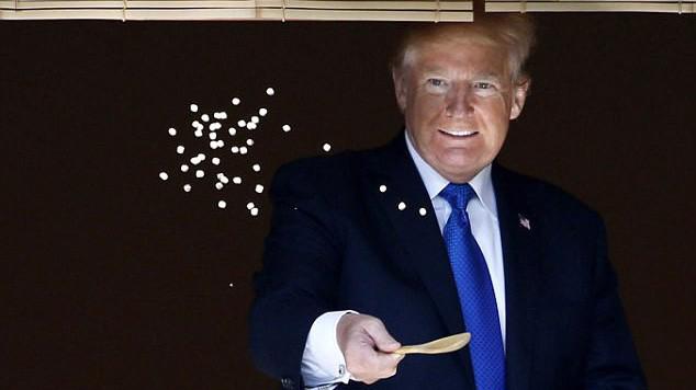 Một bức ảnh gây tranh cãi về Tổng thống Mỹ Donald Trump cho cá ăn khi thăm Nhật  - Ảnh: EPA/Daily Mail.