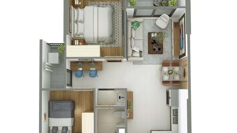 Thiết kế nội thất tham khảo của căn hộ 2 phòng ngủ + 1 tại VinCity Ocean Park.