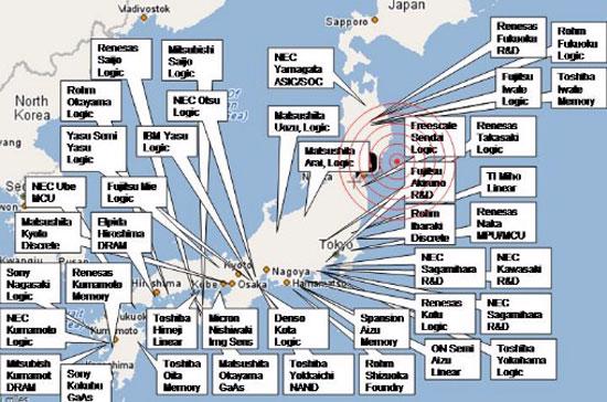 Bản đồ các hãng sản xuất bán dẫn ở Nhật Bản và tâm chấn động đất hôm 11/3 - Ảnh: Computer World.