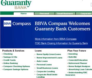 Giao diện trên trang web của Guaranty Bank đã xuất hiện lời chào mừng của BBVA Compass đối với khách hàng của Guaranty Bank.