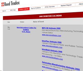 Lịch tổ chức triển lãm trên trang web của Reed Tradex dầy đặc các sự kiện diễn ra tại Việt Nam.